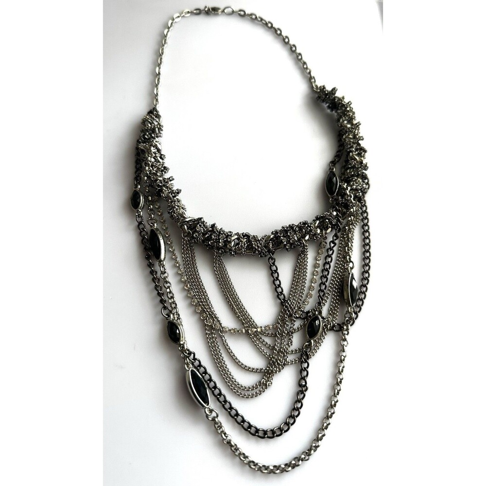 Statement Bib Necklace Silver Tone Gunmetal Black Faceted Stones Layered Chain